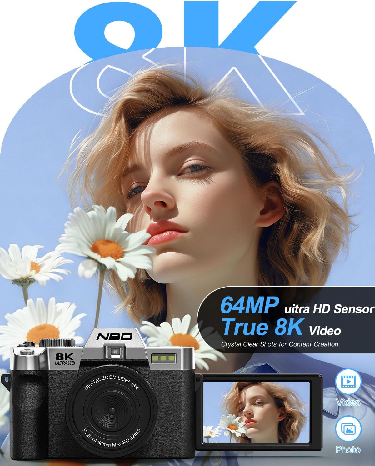 Cámaras digitales de 8K 64MP para fotografía, zoom 16X, 3 filtros d...
