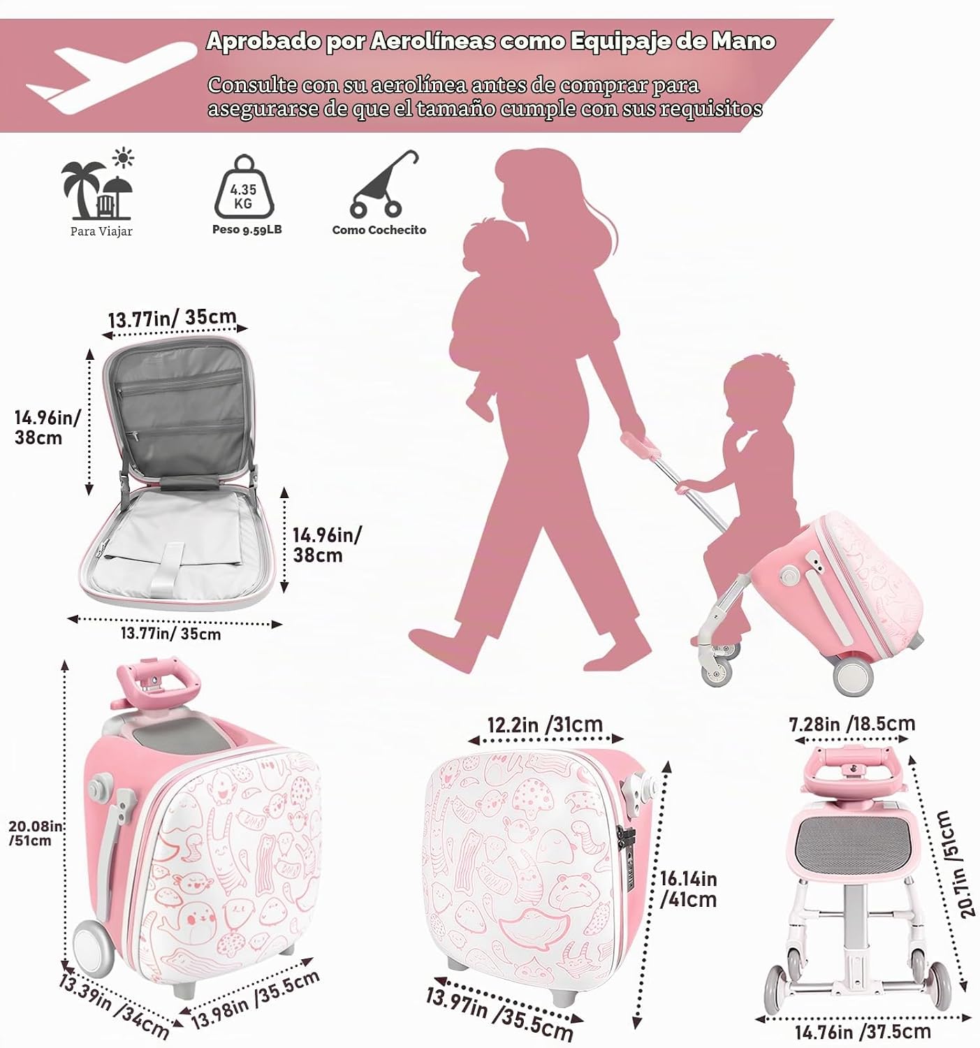 AODI Equipaje de viaje para niños con asiento, maleta de 20 pulgada...
