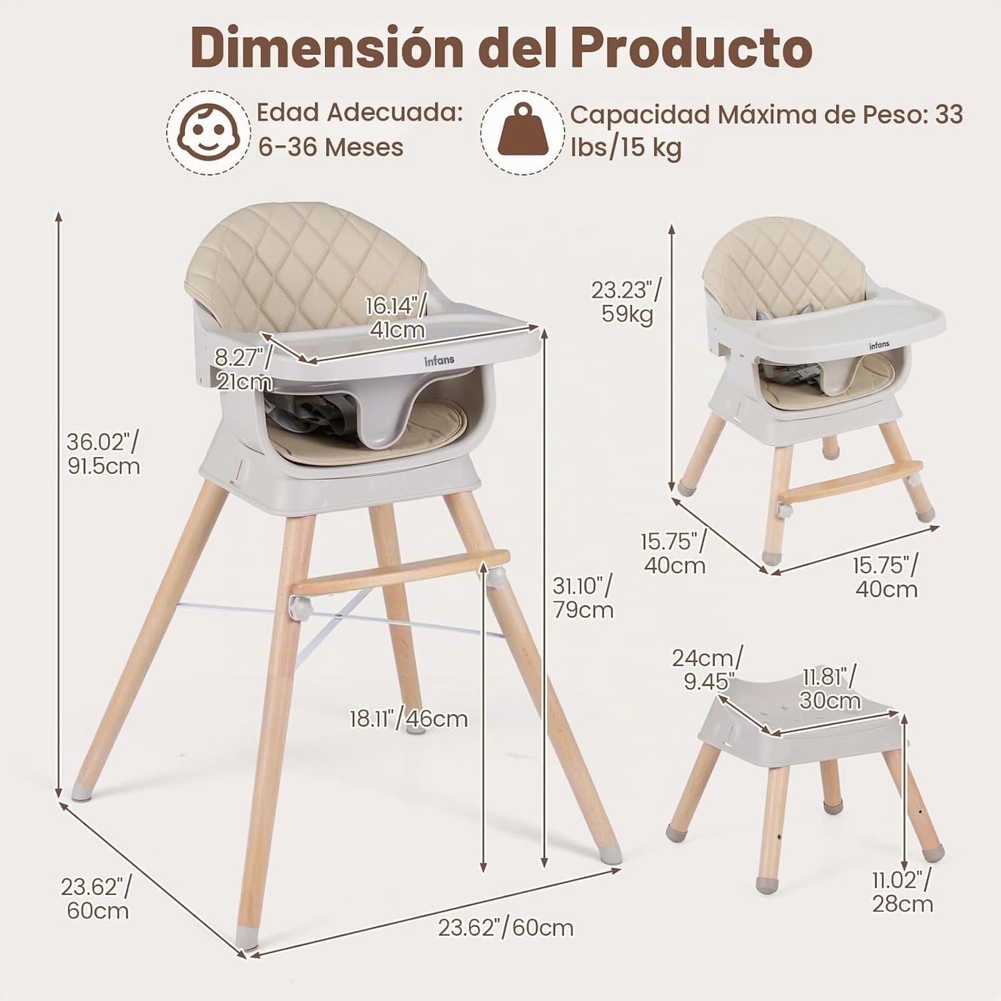 INFANS Silla alta para bebé, silla alta convertible de madera 6 en...