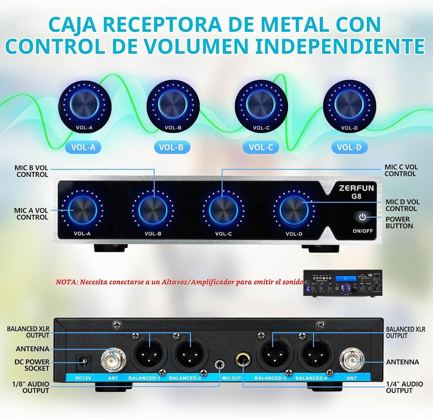 ZERFUN Sistema de Micrófono Inalámbrico Recargable de 4 Canales, Mi...