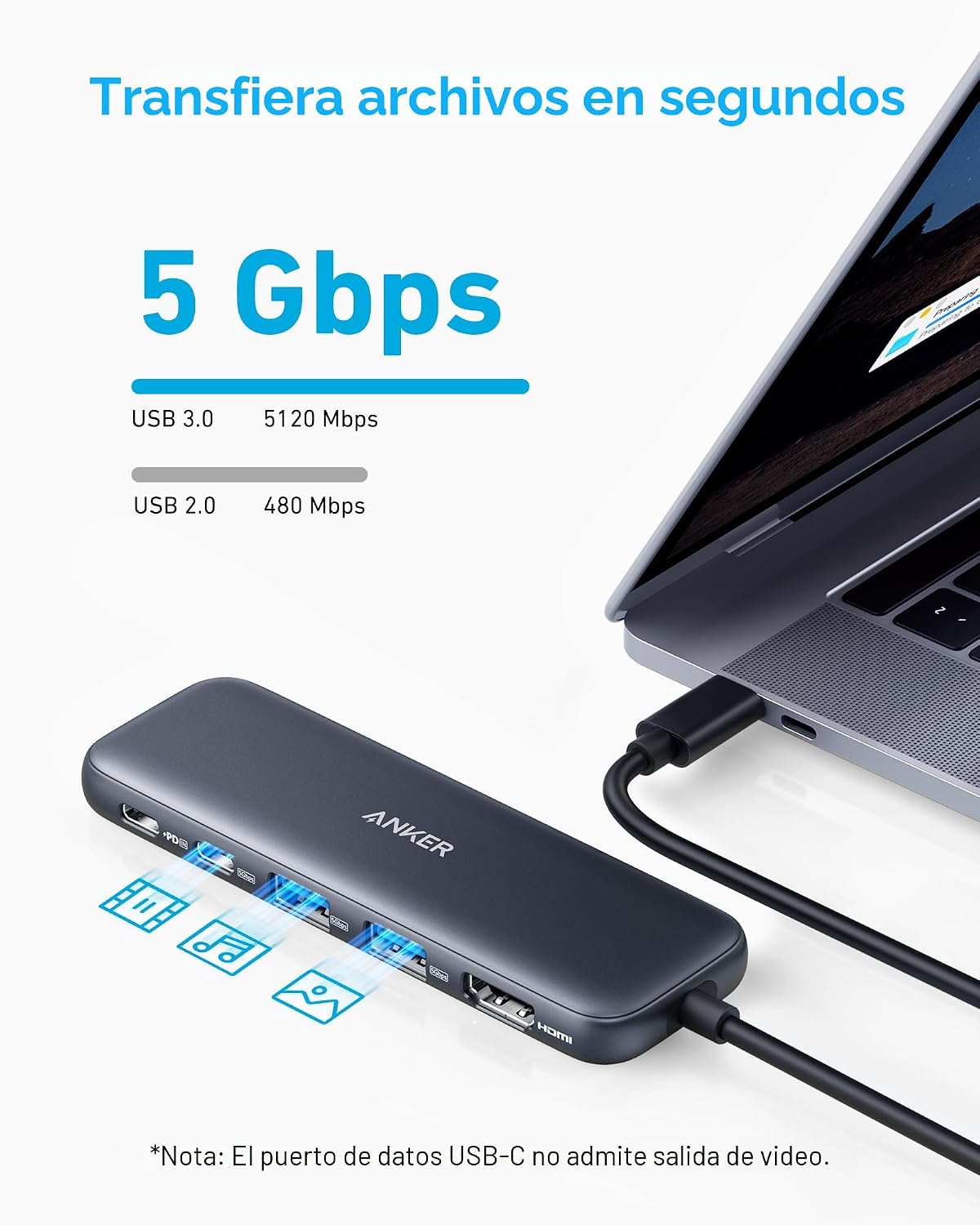 Anker Hub USB C, divisor USBC a HDMI 5 en 1 con pantalla 4K, 1 puer...