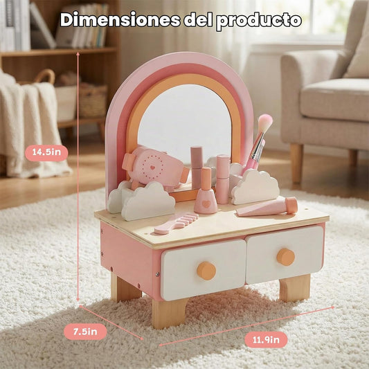 Juego de tocador de madera para niños, juego de simulación con espe...