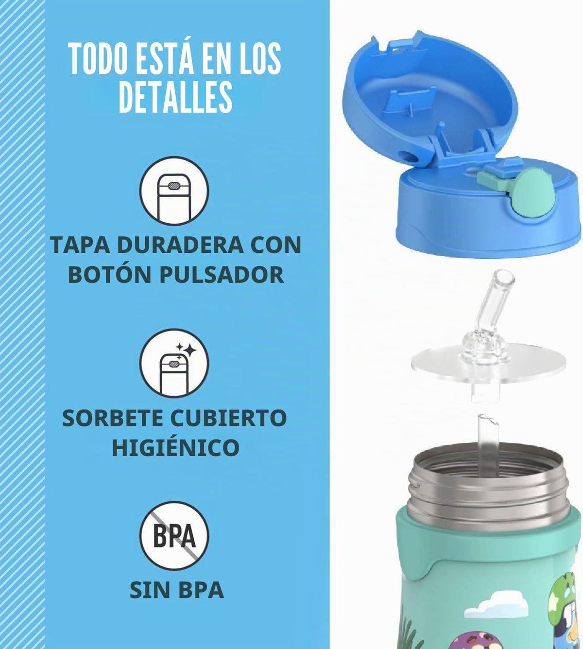 Thermos Baby, botella de acero inoxidable de 10 oz. con popote emer...