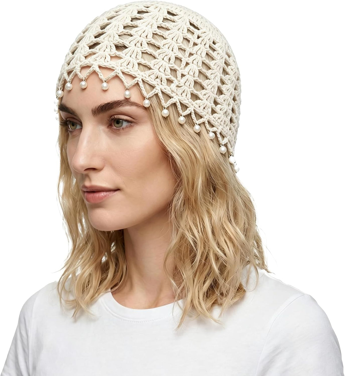 Lyfange Sombrero de ganchillo de perlas para mujer, hecho a mano, d...