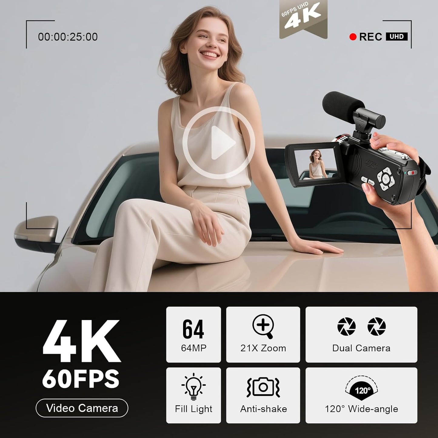 Rumyums Videocámara de boda 4K, cámara de vlogging UHD de 64MP con...