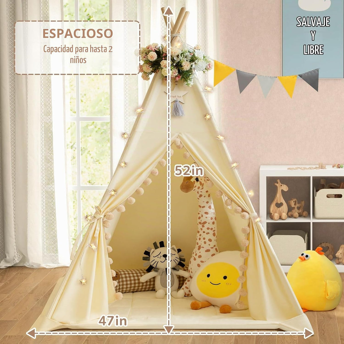 WIRHAO Tienda de campaña tipi para niños con alfombrilla acolchada,...