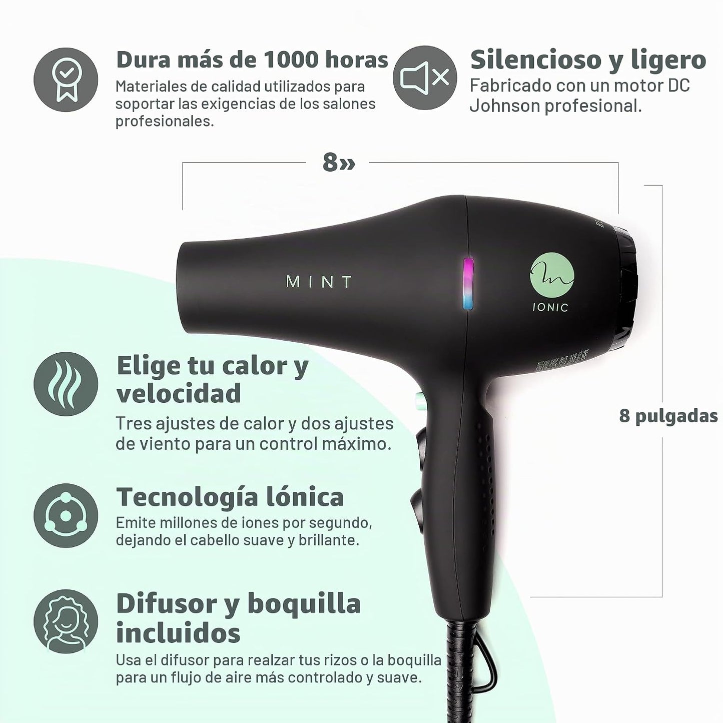 MINT Secador de pelo iónico infrarrojo Blackbird con difusor, 1875W...