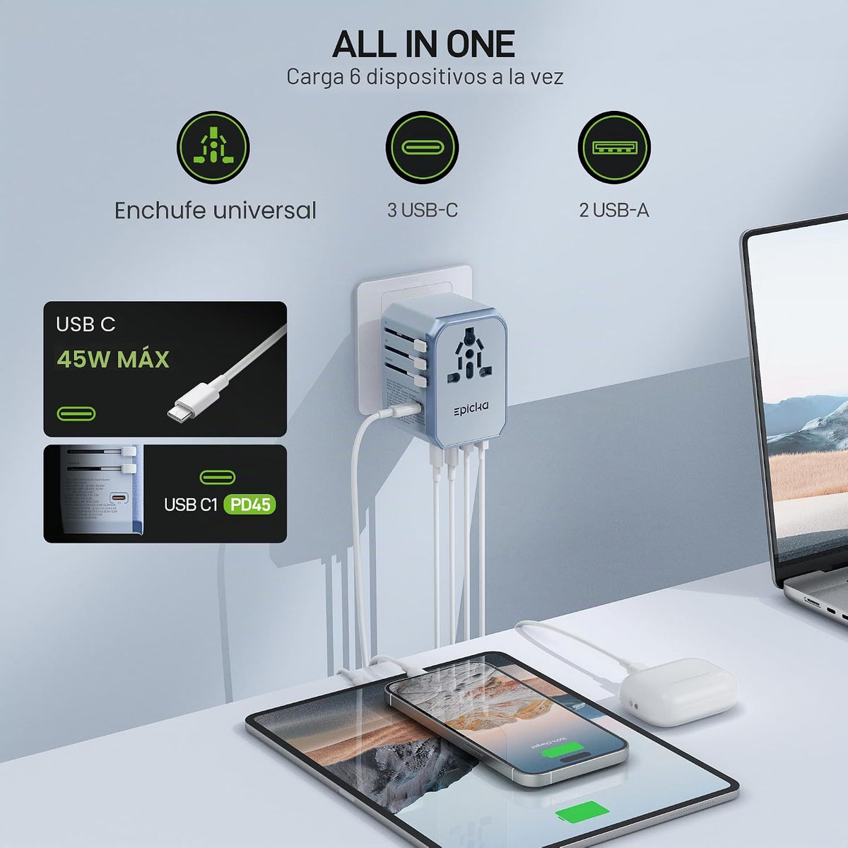 EPICKA Adaptador de viaje universal de 45 W PD&amp;QC, 1AC\/3USB-C\...