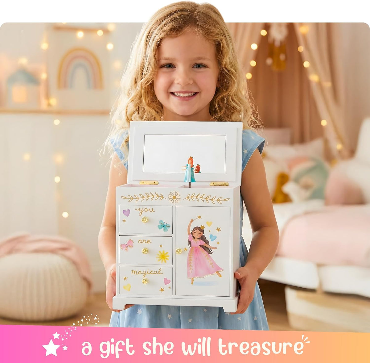 Giggle &amp; Honey Joyero musical de princesa para niñas, caja de m...