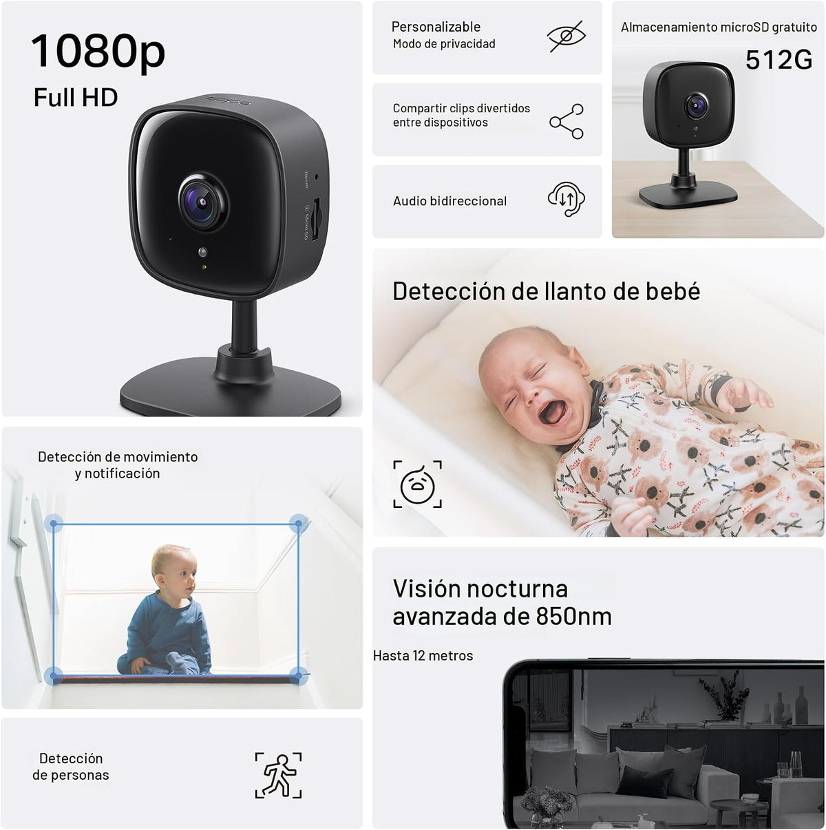 Tapo - Cámara de seguridad interior de 1080P para monitor de bebé,...