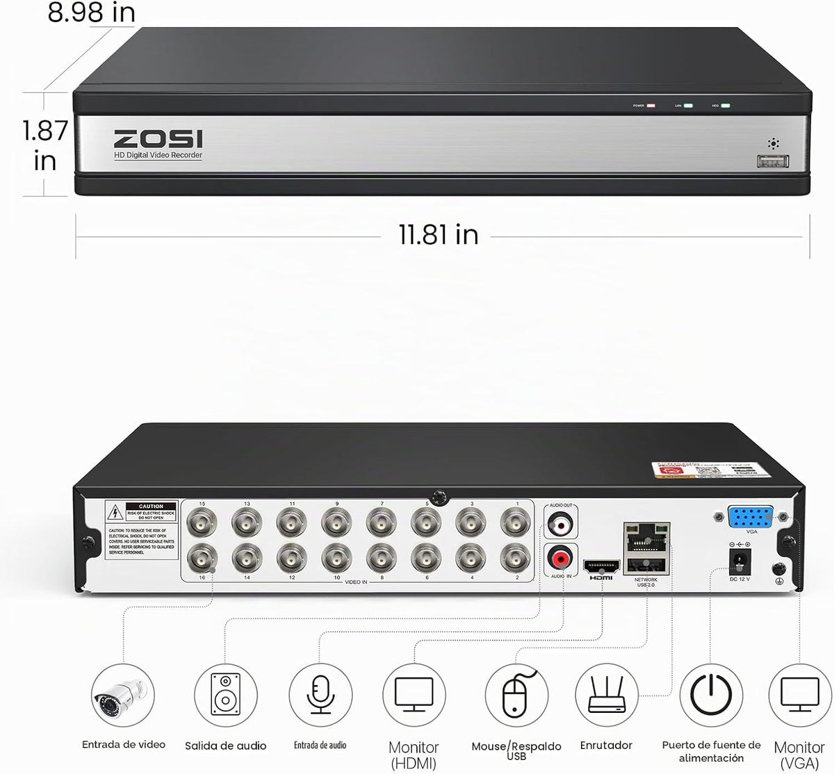 ZOSI Grabador DVR híbrido de 16 canales 1080P H.265+ para cámara de...