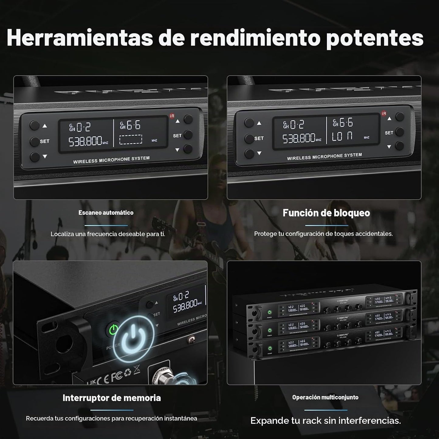 Phenyx Pro Sistema de micrófono inalámbrico de 4 canales con escane...