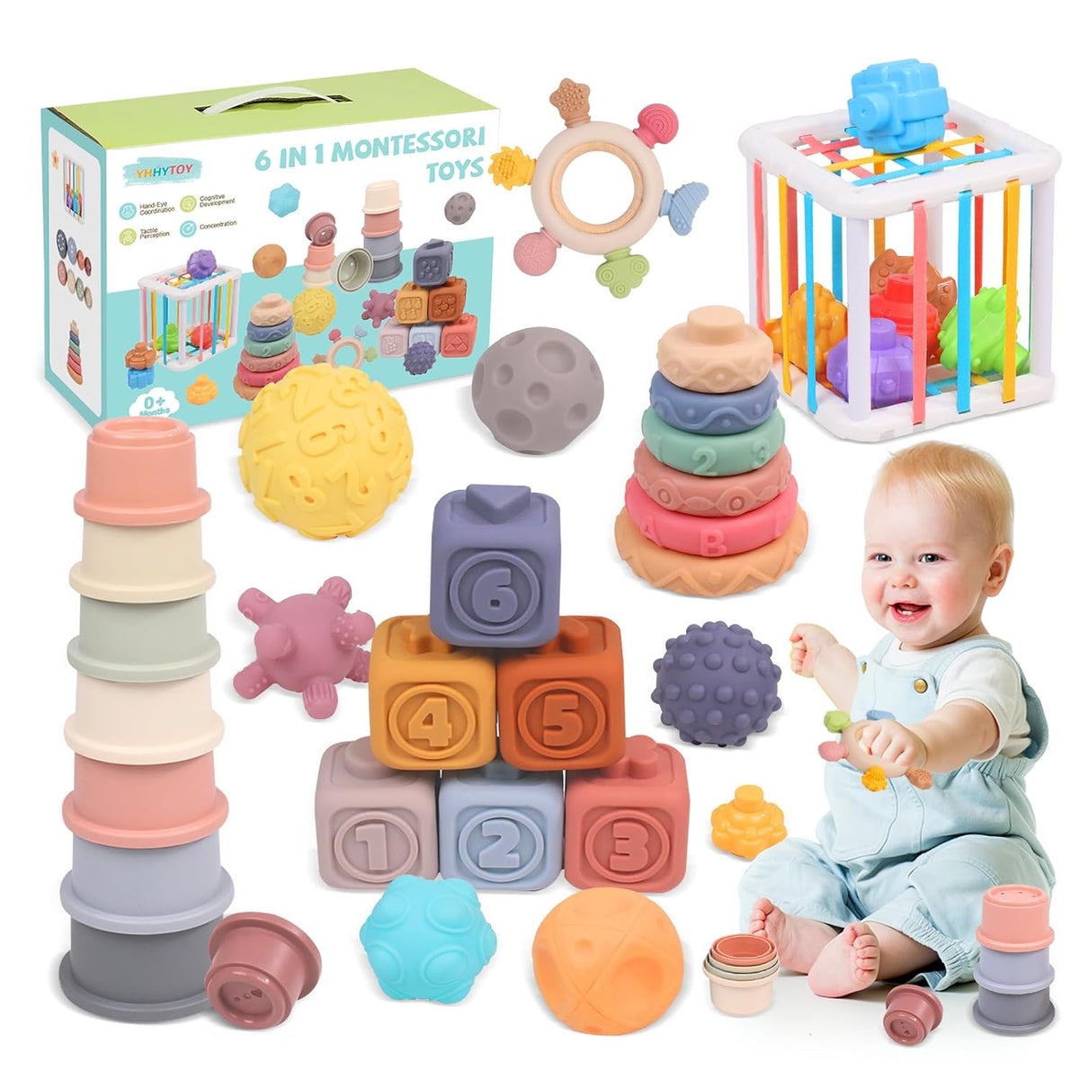 Juguetes Montessori 6 en 1 para bebés de 0-6-6-12 meses, regalos pa...