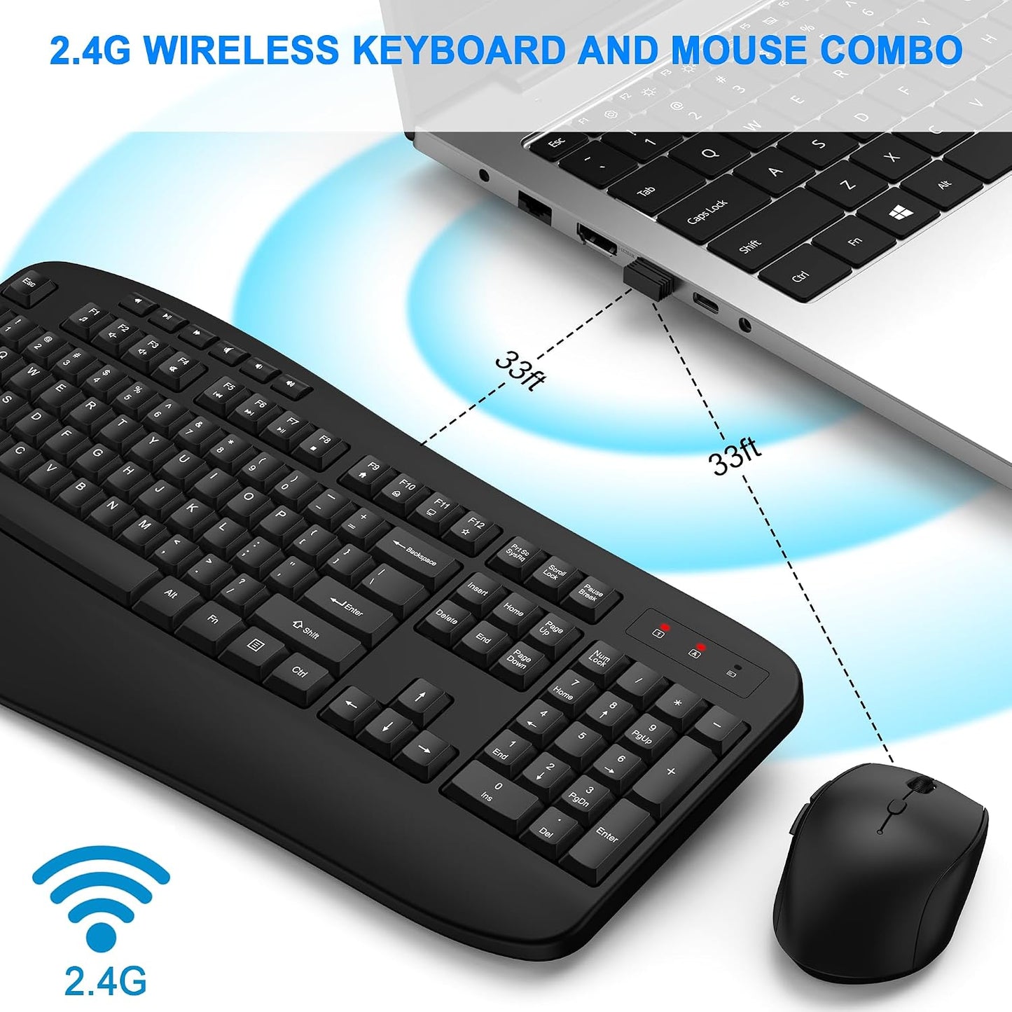 EDJO Combo de teclado y mouse inalámbricos, teclado ergonómico de c...