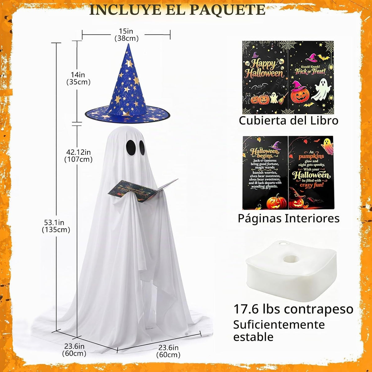 Decoración de fantasmas de Halloween, 53 pulgadas, con sombrero de...