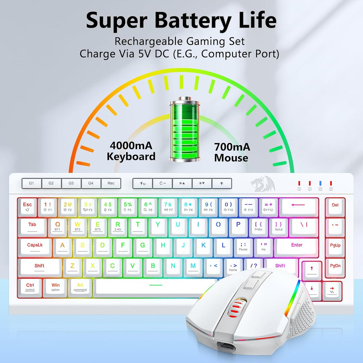 Redragon Combo de teclado y mouse inalámbricos para juegos, Bluetoo...
