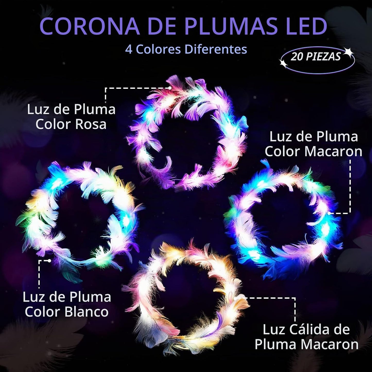 Taiyin - 20 diademas de corona de plumas LED para bodas, coloridas...