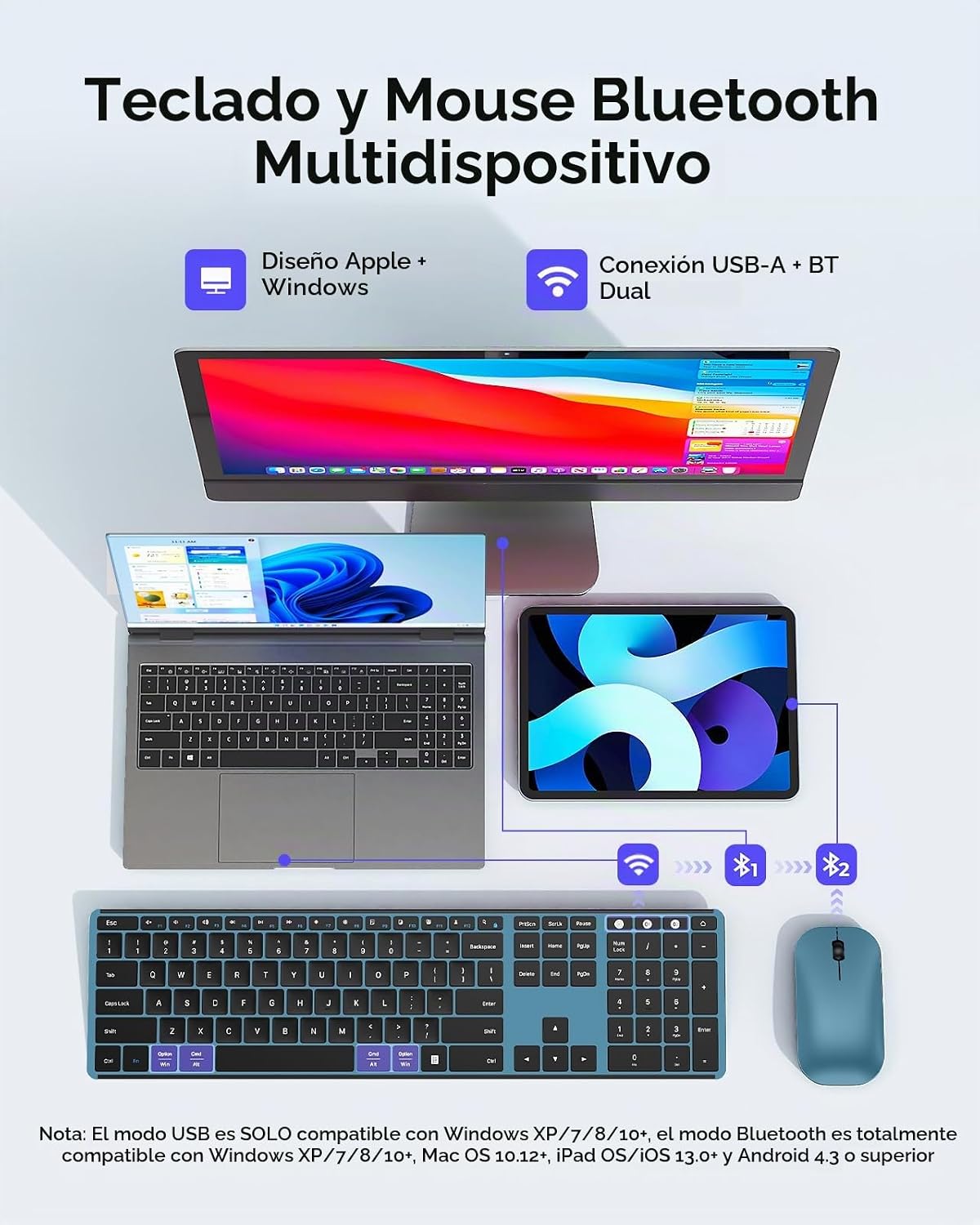 seenda SKM64-3 Combo de teclado inalámbrico Bluetooth y mouse para...