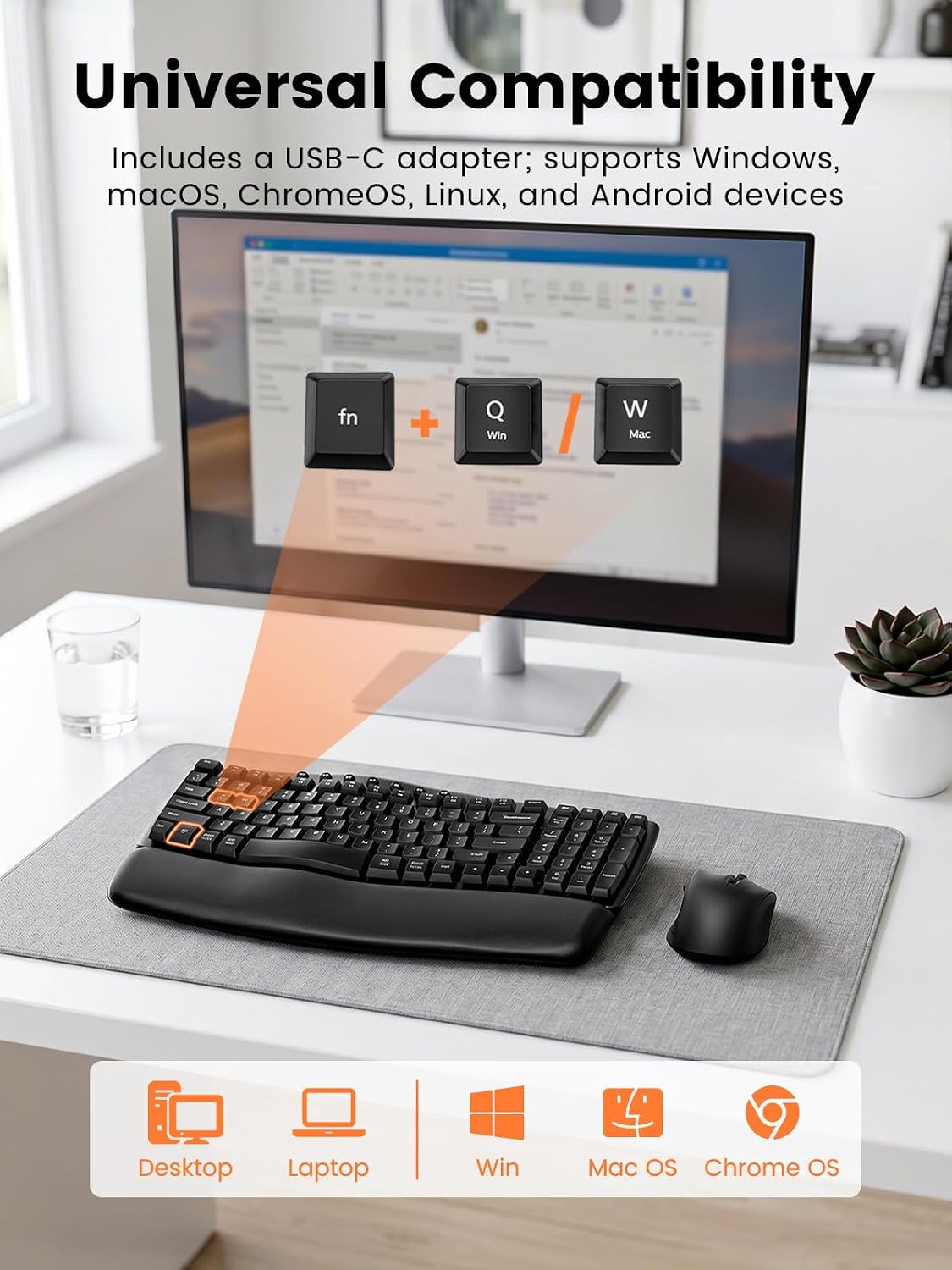 SABLUTE MA61 Teclado inalámbrico y mouse ergonómico, teclas de onda...