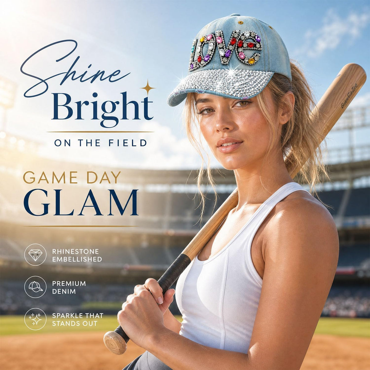 Gorra de béisbol brillante con diamantes de imitación, malla ajusta...