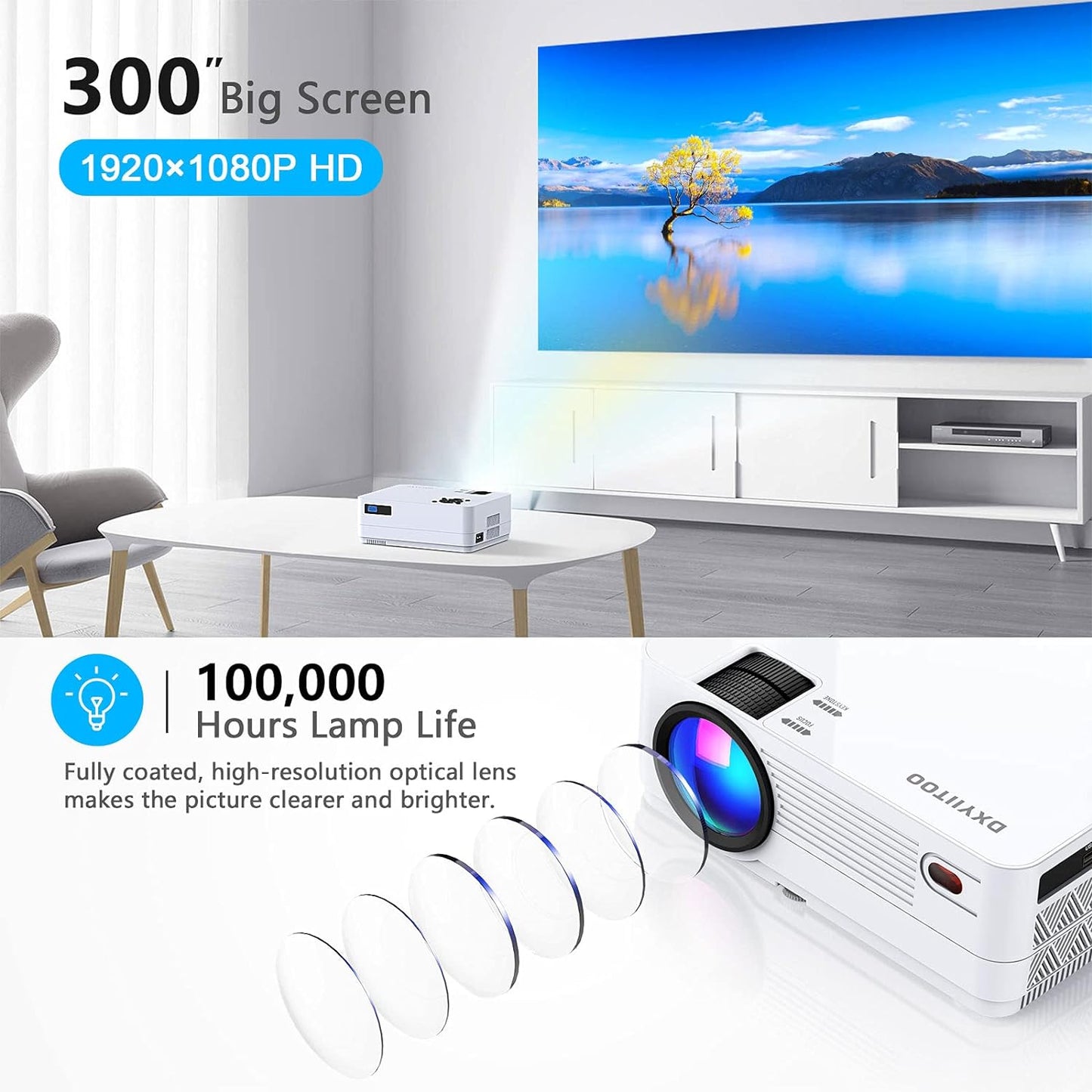 Proyector Native 1080P con WiFi 6 y Bluetooth bidireccional, proyec...
