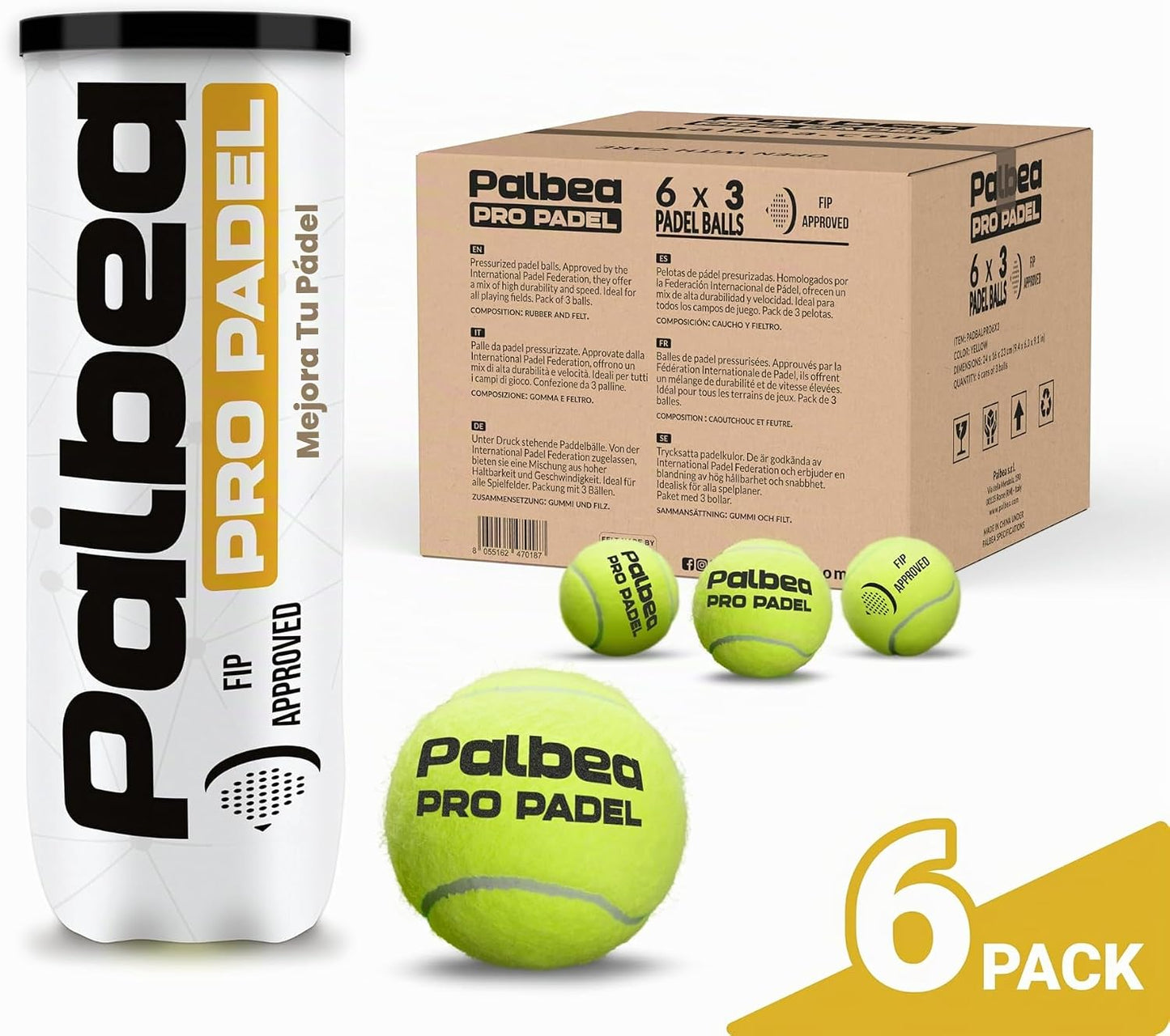Palbea Pelotas de Padel PRO. 6\/12\/24 Tubos de 3 Pelotas de Pádel...