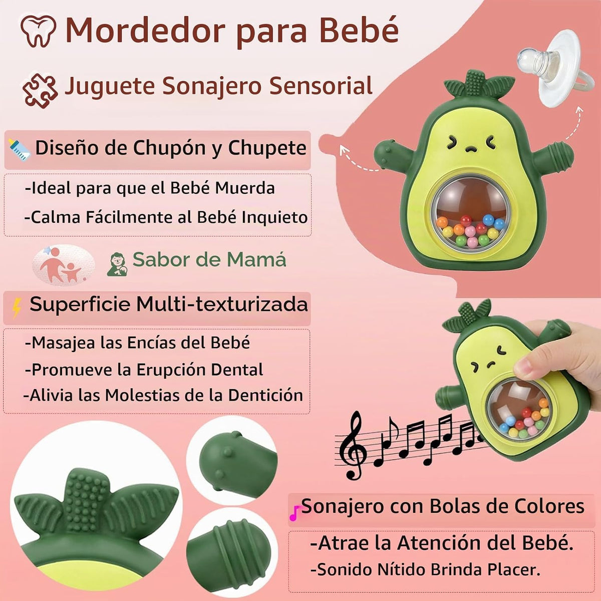 Sonajero del bebé Juguetes de dentición de silicona Aguacate Mitten...