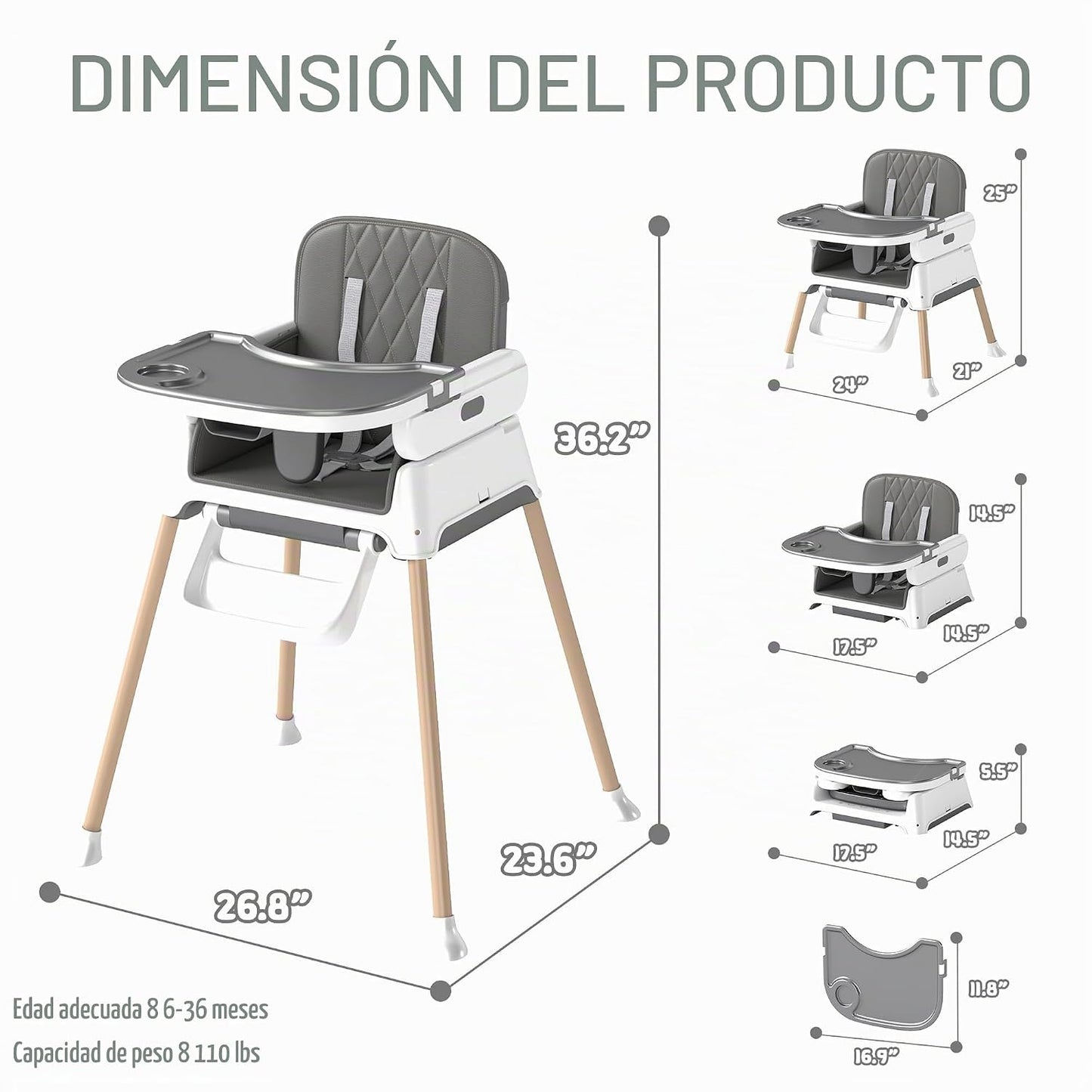 Silla alta 4 en 1 para bebés y niños pequeños, asiento elevador con...