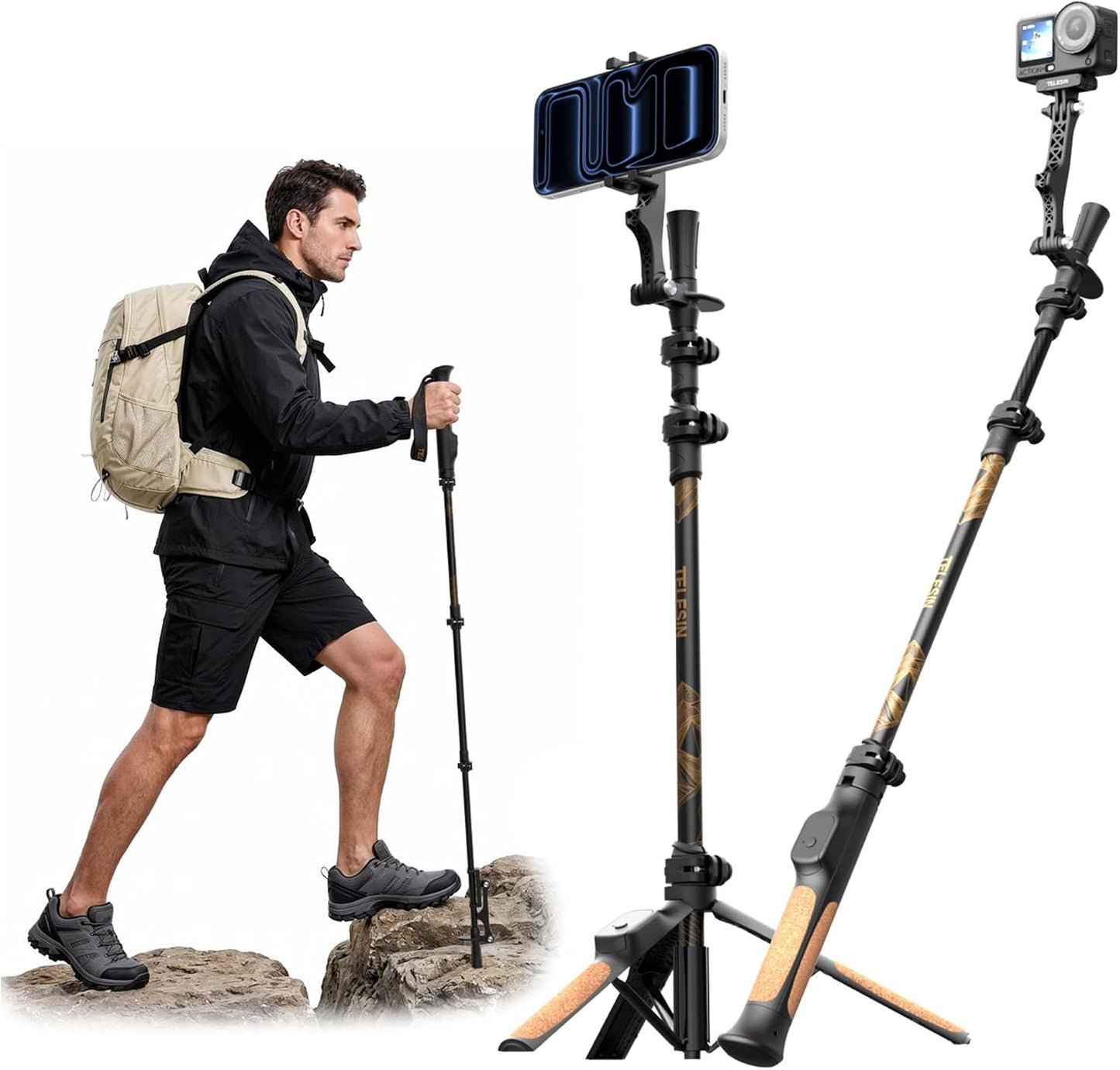TELESIN TrekShot - Trípode de fibra de carbono para selfie, poste d...
