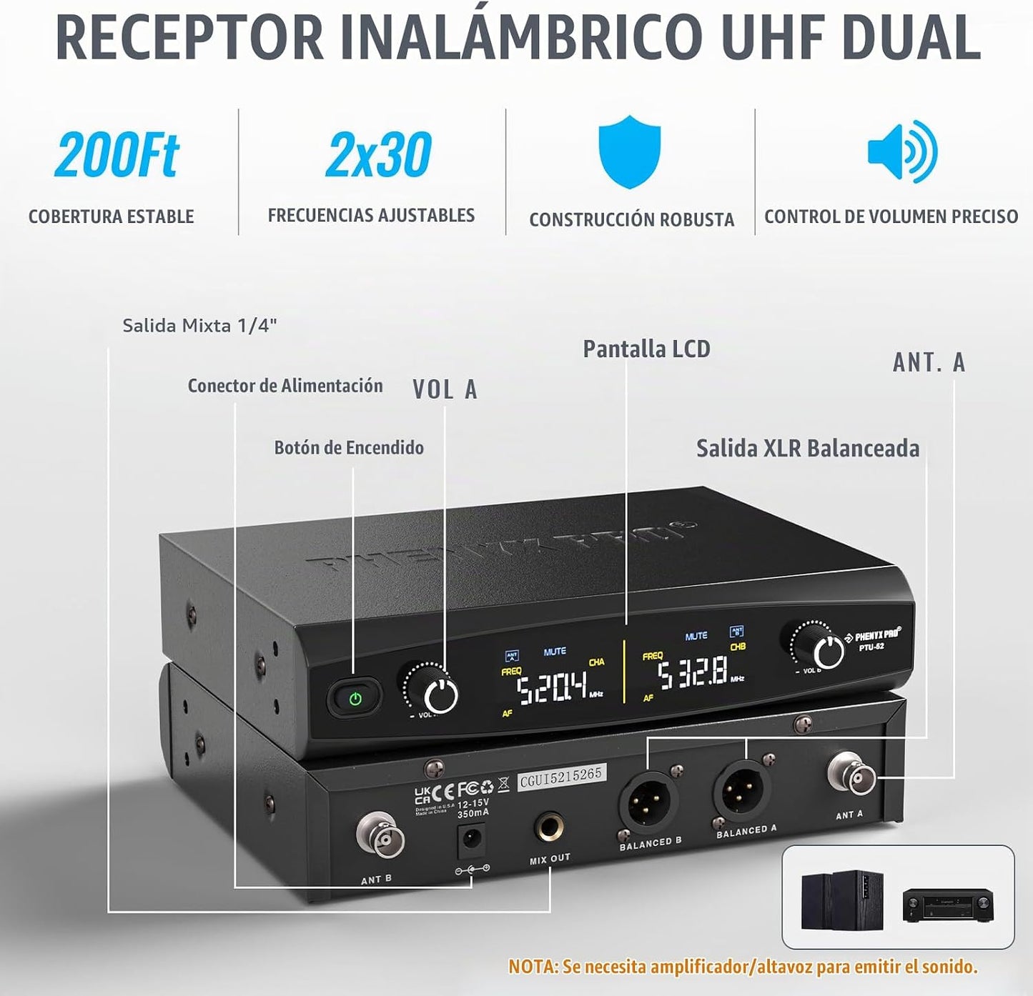 Phenyx Pro Sistema de micrófono inalámbrico UHF con frecuencias sin...