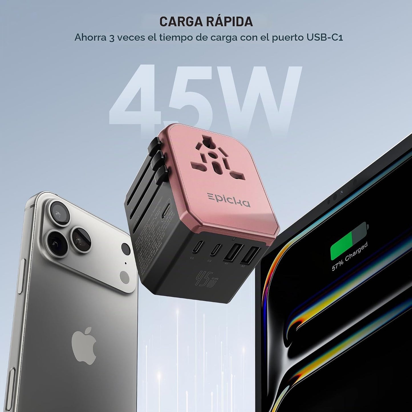EPICKA Adaptador de viaje universal de 45 W PD&amp;QC, 1AC\/3USB-C\...
