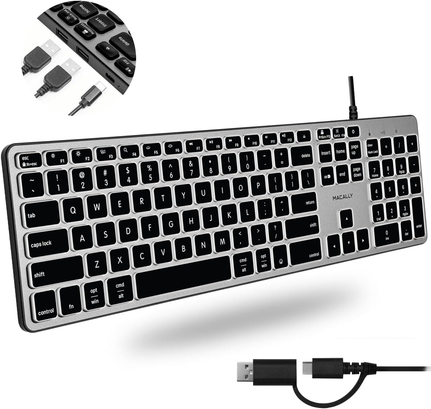 Teclado con cable Macally para Mac con Hub USB (2X USB-A \/ 1x USB-...