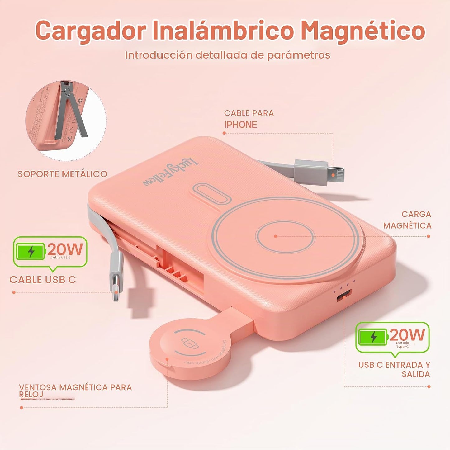 LUCKYFELLOW Cargador portátil magnético de 10000 mAh, cables integr...