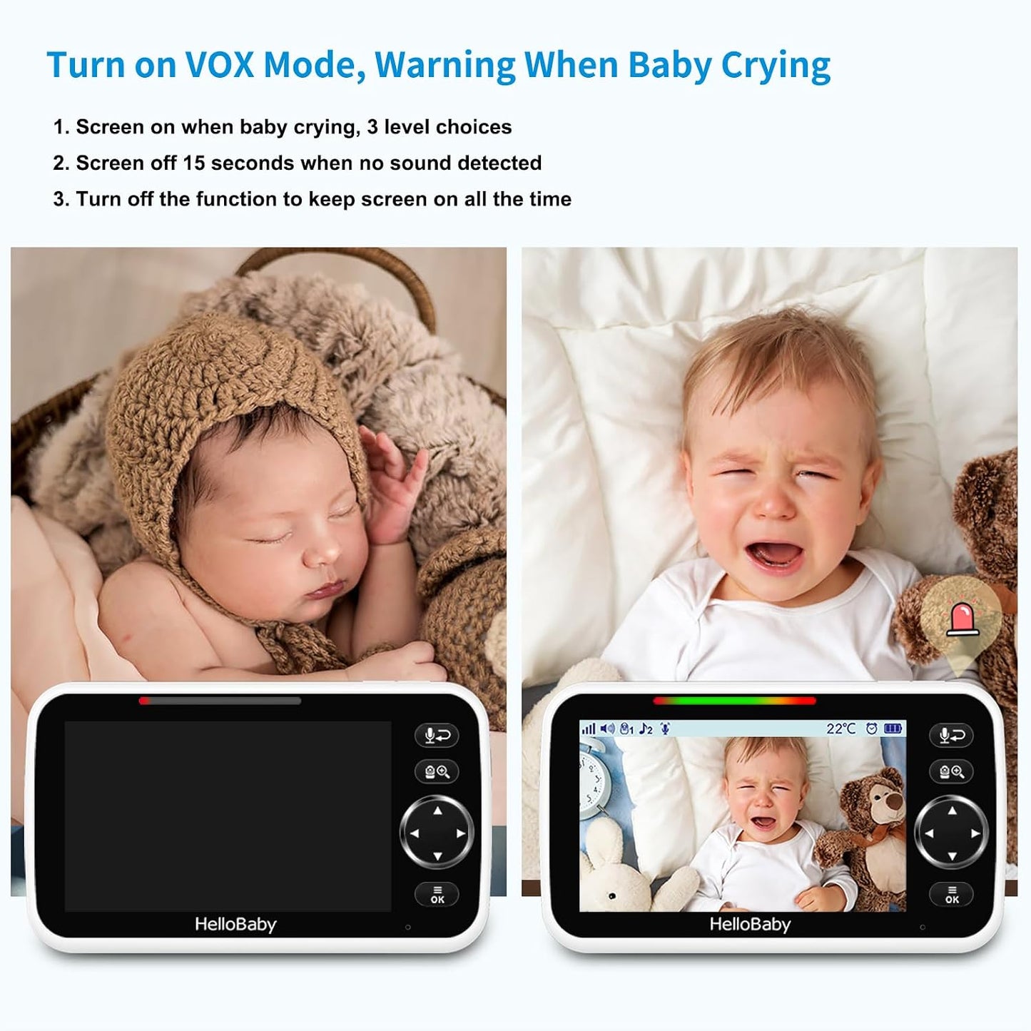 HelloBaby Monitor de bebé sin WiFi, pantalla de 5 pulgadas, batería...