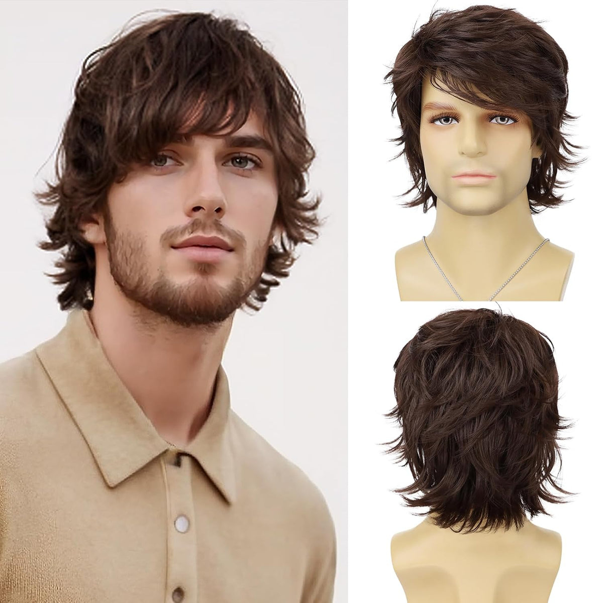 Tereshar Peluca de cabello sintético para hombre, de color marrón,...