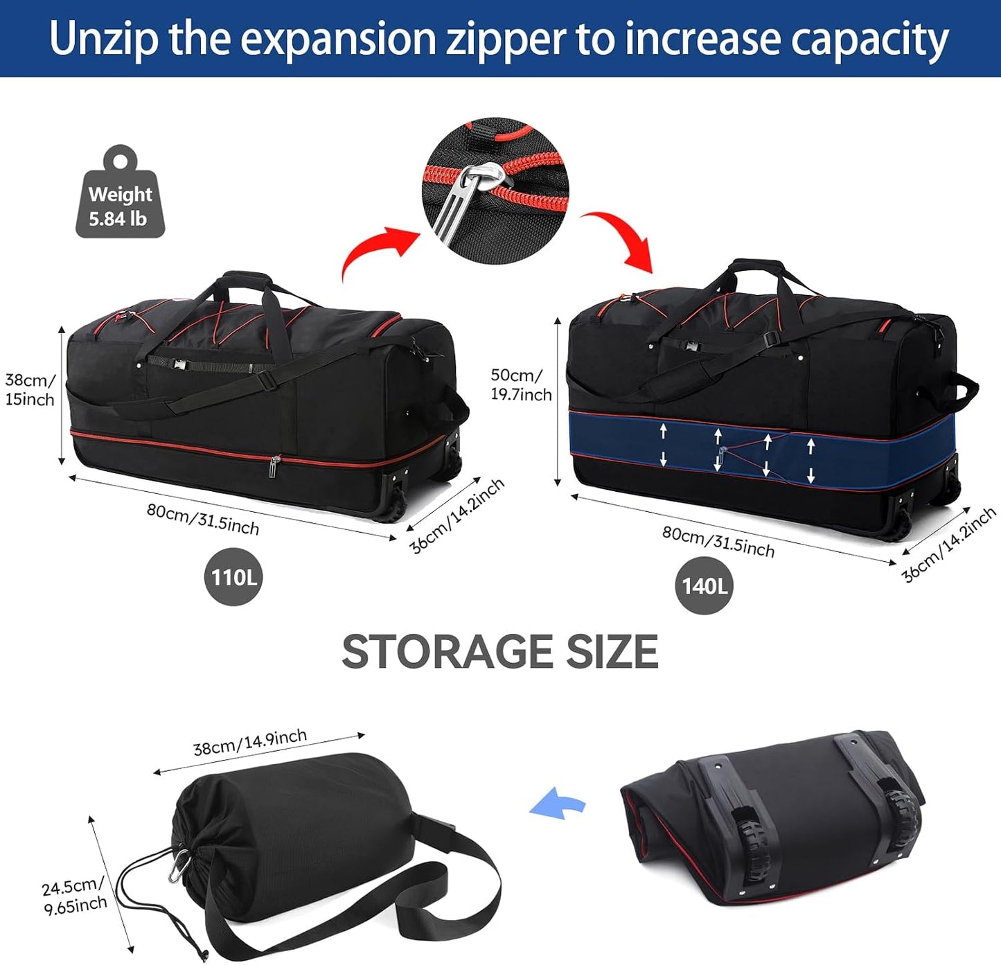 Vrtisa - Bolsa de viaje plegable de 110L expandible a 140L de 32\u2...