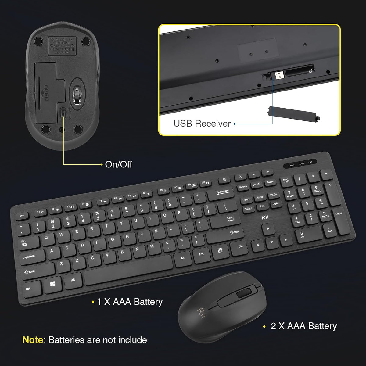 Combo de teclado y mouse inalámbricos: teclado estándar Rii para PC...