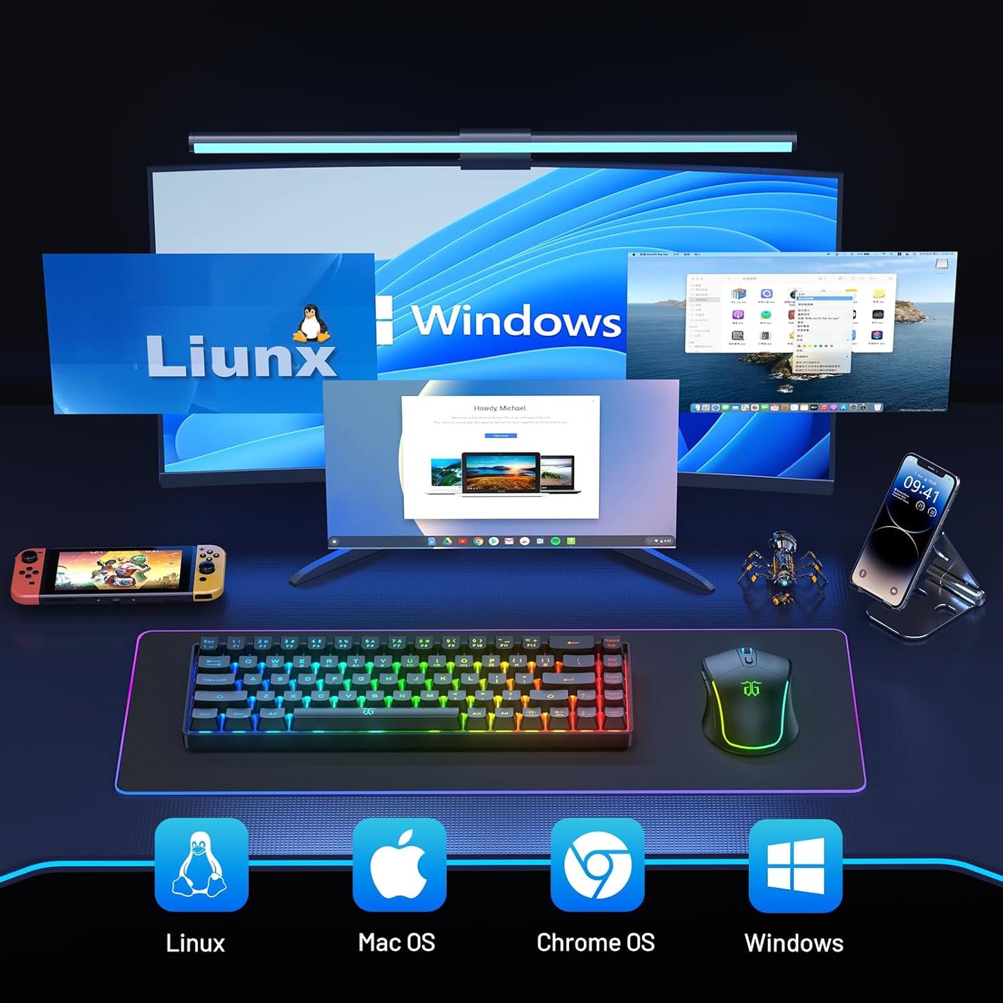 Snpurdiri Combo de teclado y mouse inalámbricos para juegos 60%, co...