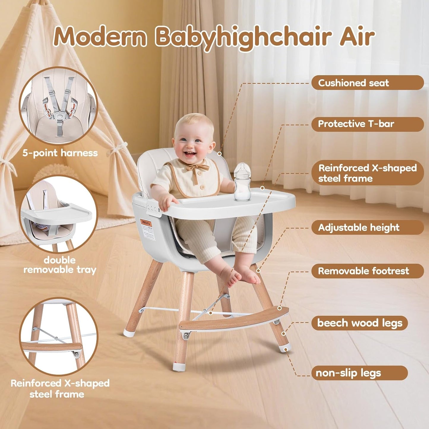 Sillas altas para bebés y niños pequeños, silla alta de madera conv...