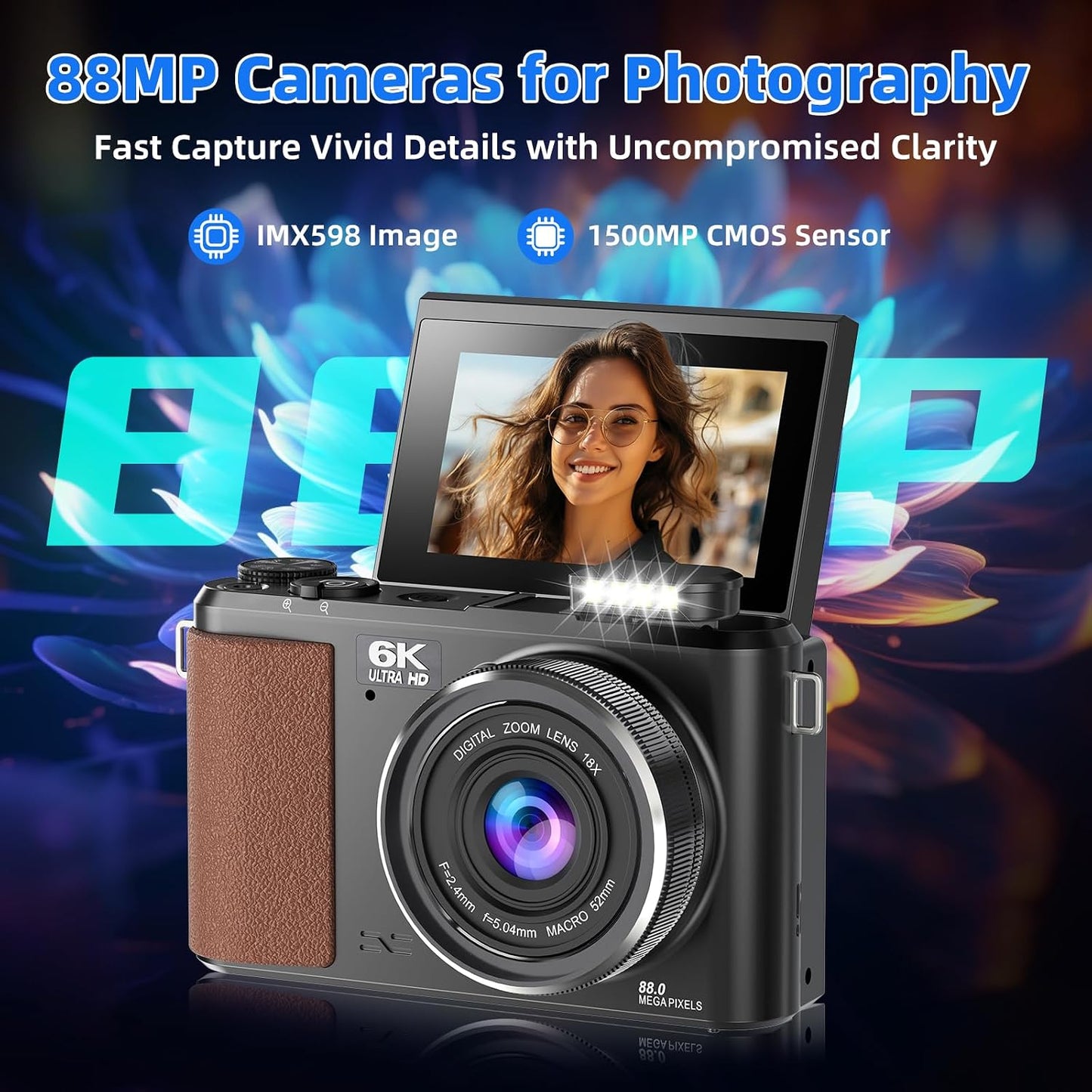 Ourlife Cámara digital de 88 MP 6K, cámaras WiFi para fotografía, c...