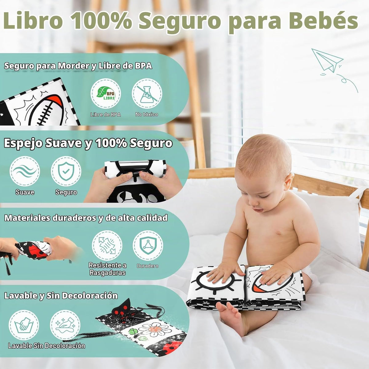 AJsupojouet Libro de bebé de alto contraste con espejo de tiempo bo...