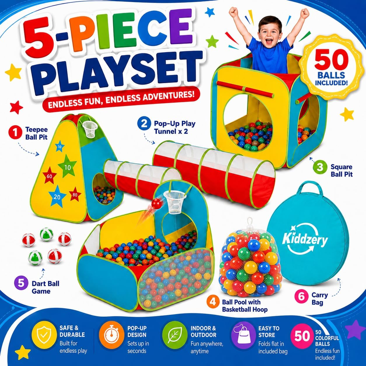 Tienda de juego de 5 piezas para niños pequeños con piscina de pelo...