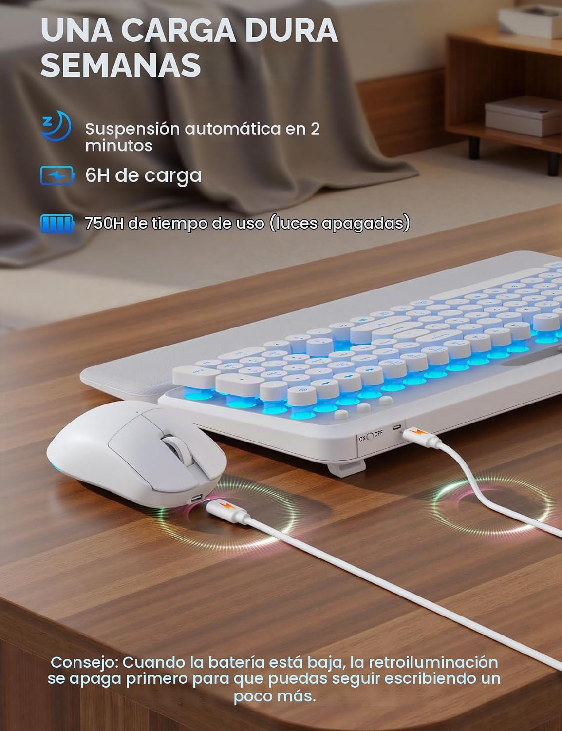 Teclado y mouse inalámbricos, máquina de escribir retroiluminada co...