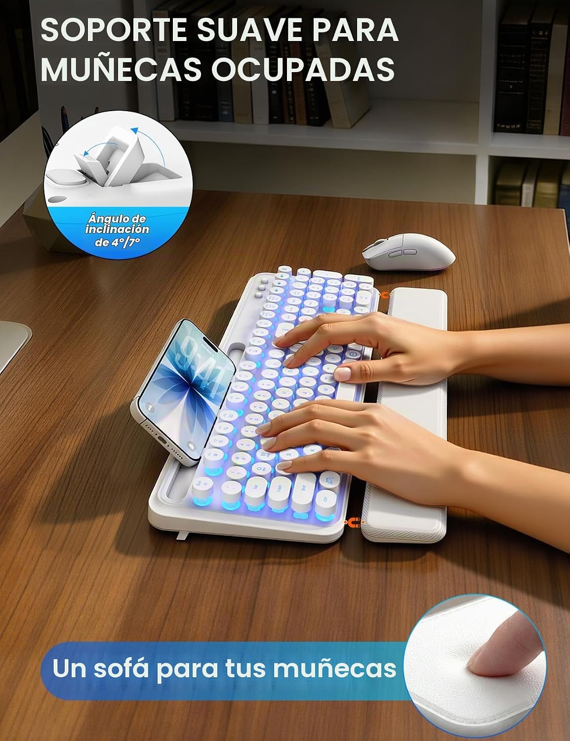 Teclado y mouse inalámbricos, máquina de escribir retroiluminada co...