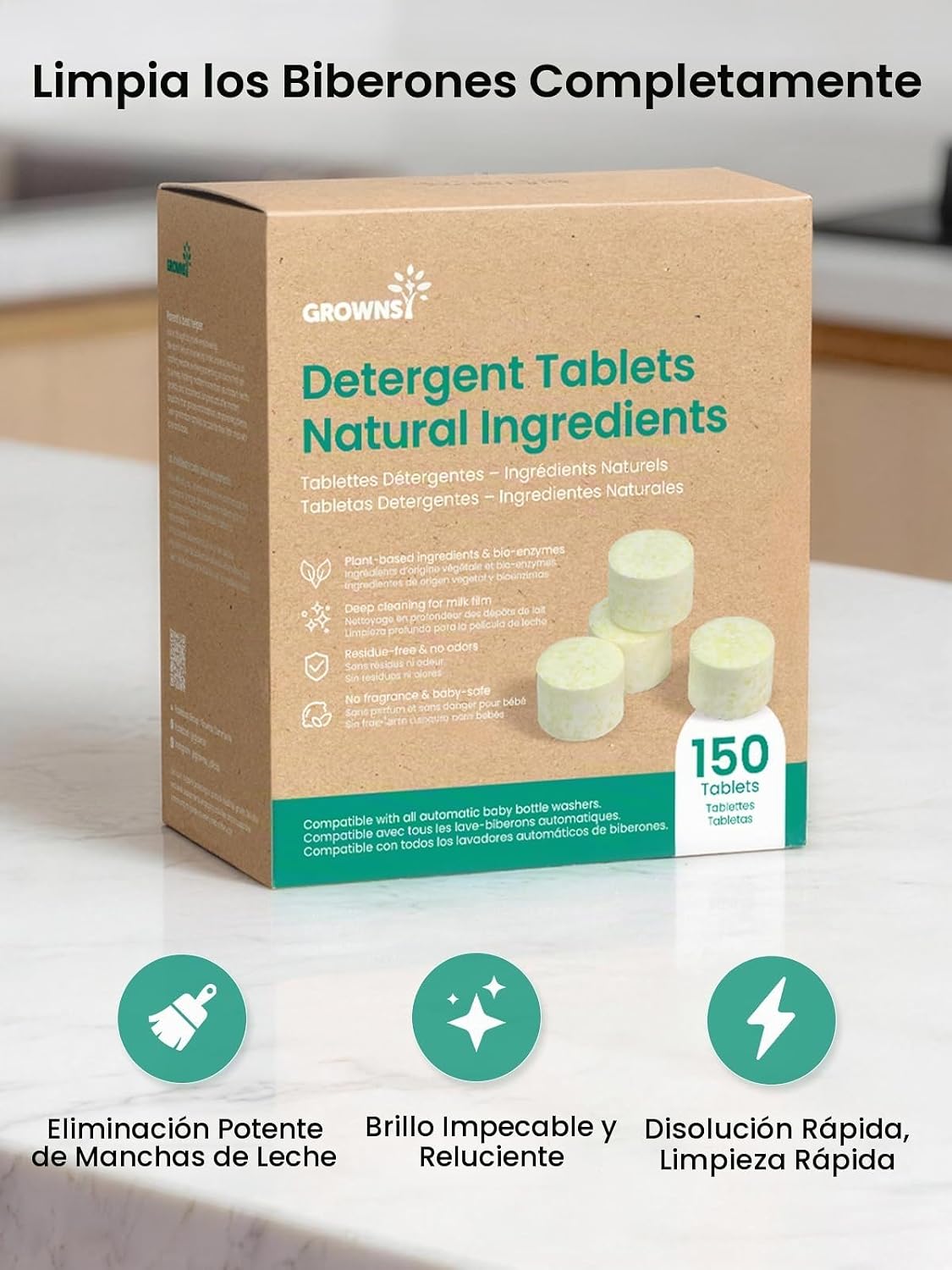 GROWNSY Tabletas detergentes para lavar botellas, fórmula enzimátic...