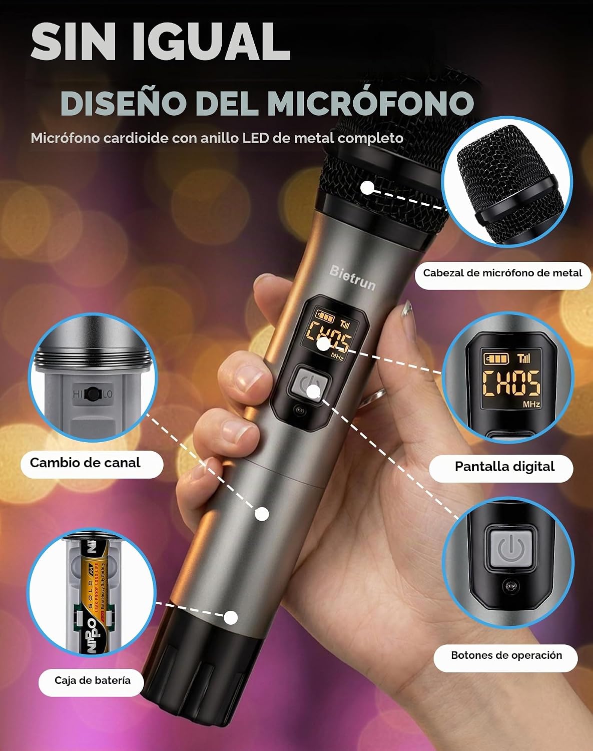 Bietrun Micrófono Inalámbrico XLR, Conjunto de Micrófono Dinámico d...