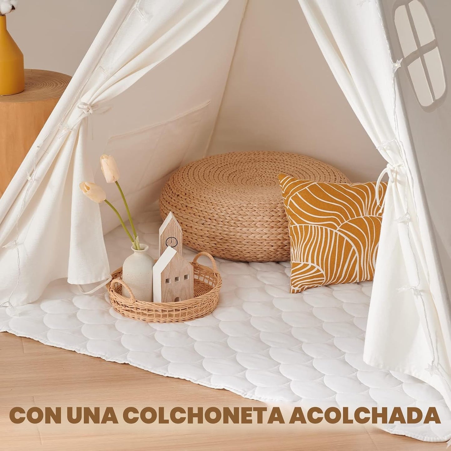 Tienda tipi de lona blanca para juegos infantiles con alfombrilla d...