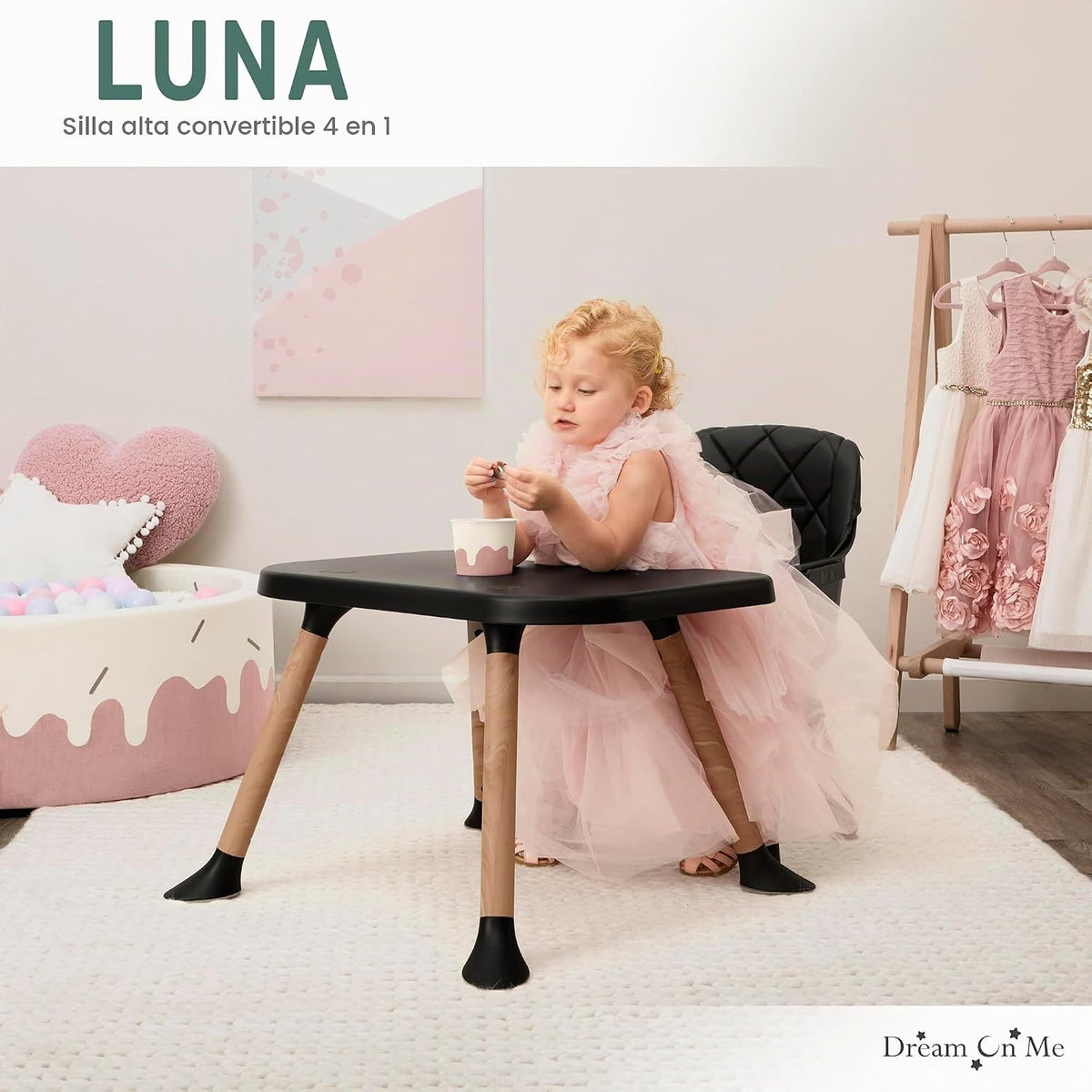 Dream On Me Luna - Silla alta convertible 4 en 1 para bebé, color n...