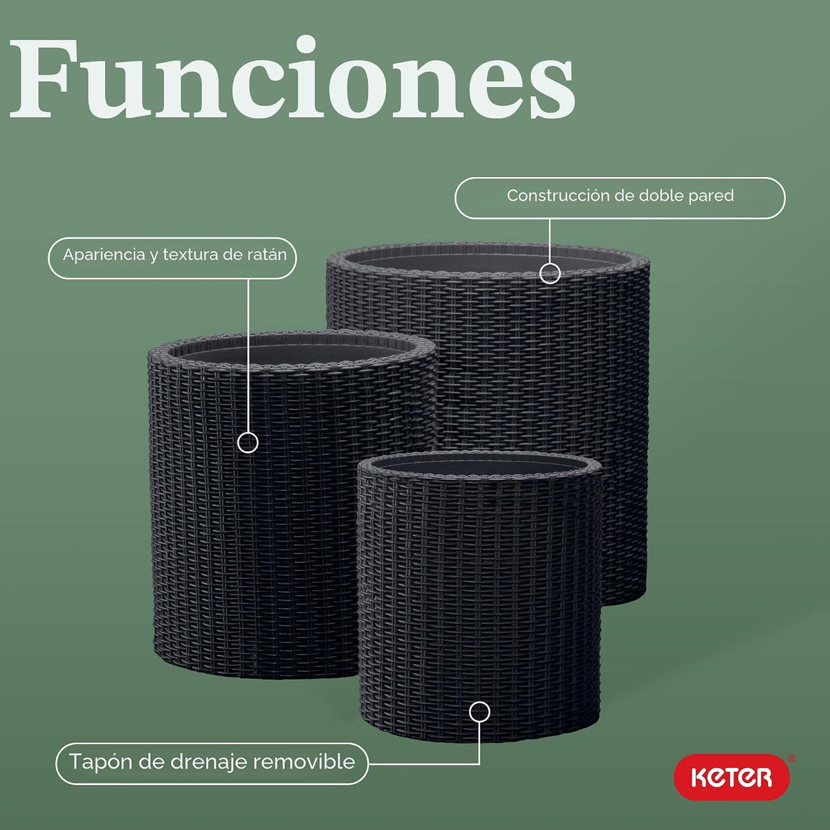 Keter Juego de 3 macetas cilíndricas de resina de ratán para planta...