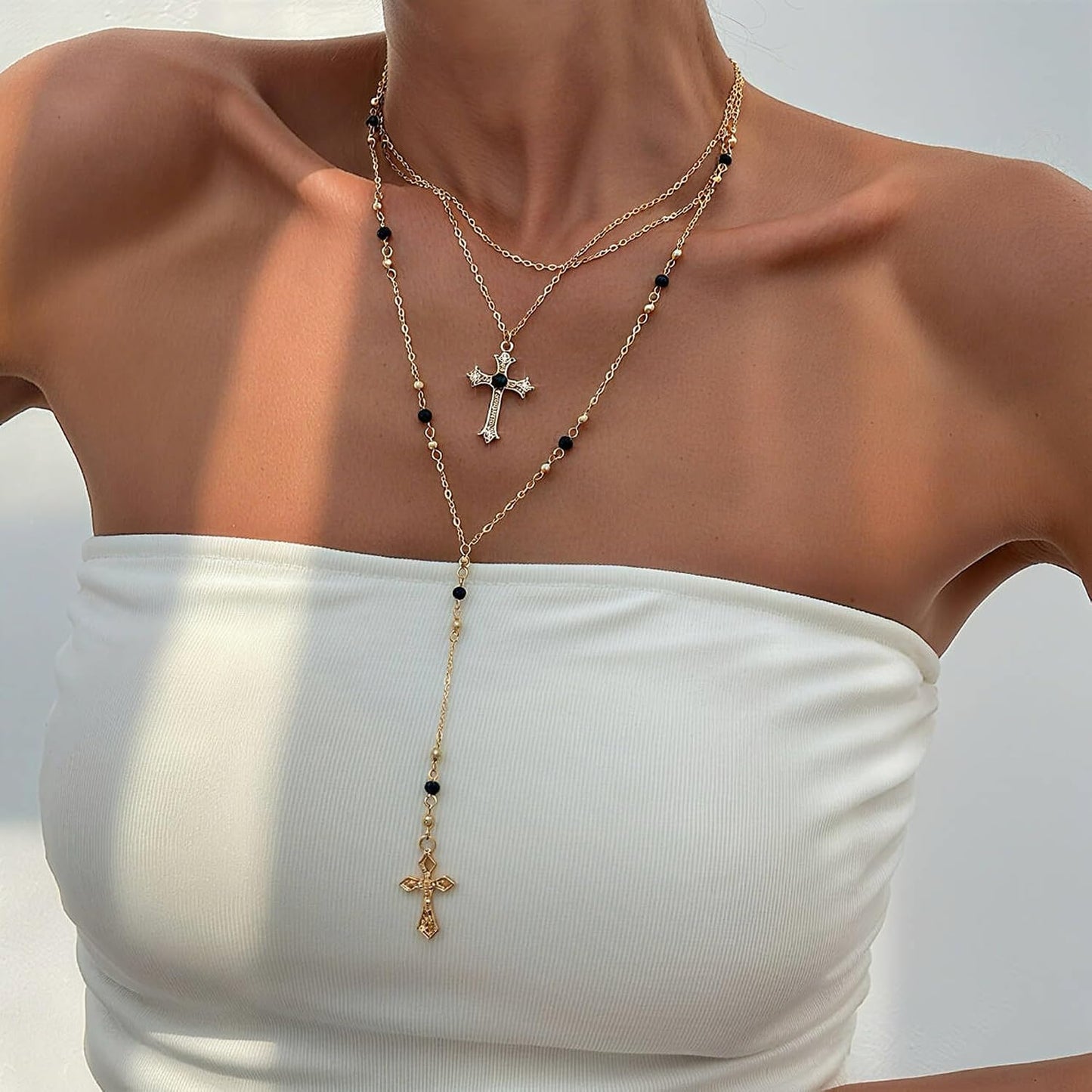 4 piezas de collares de cruz dorados en capas para mujer, modernos,...